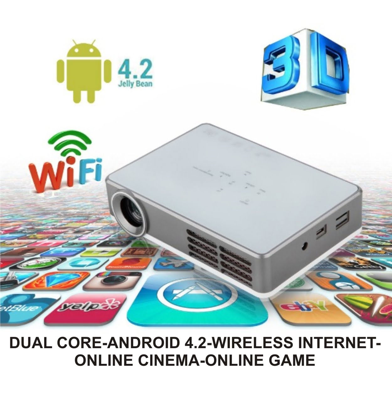 HTP DLP-300W Full HD 1080P 3D DLP Projector Built-in Android Wireless with Remote Controller